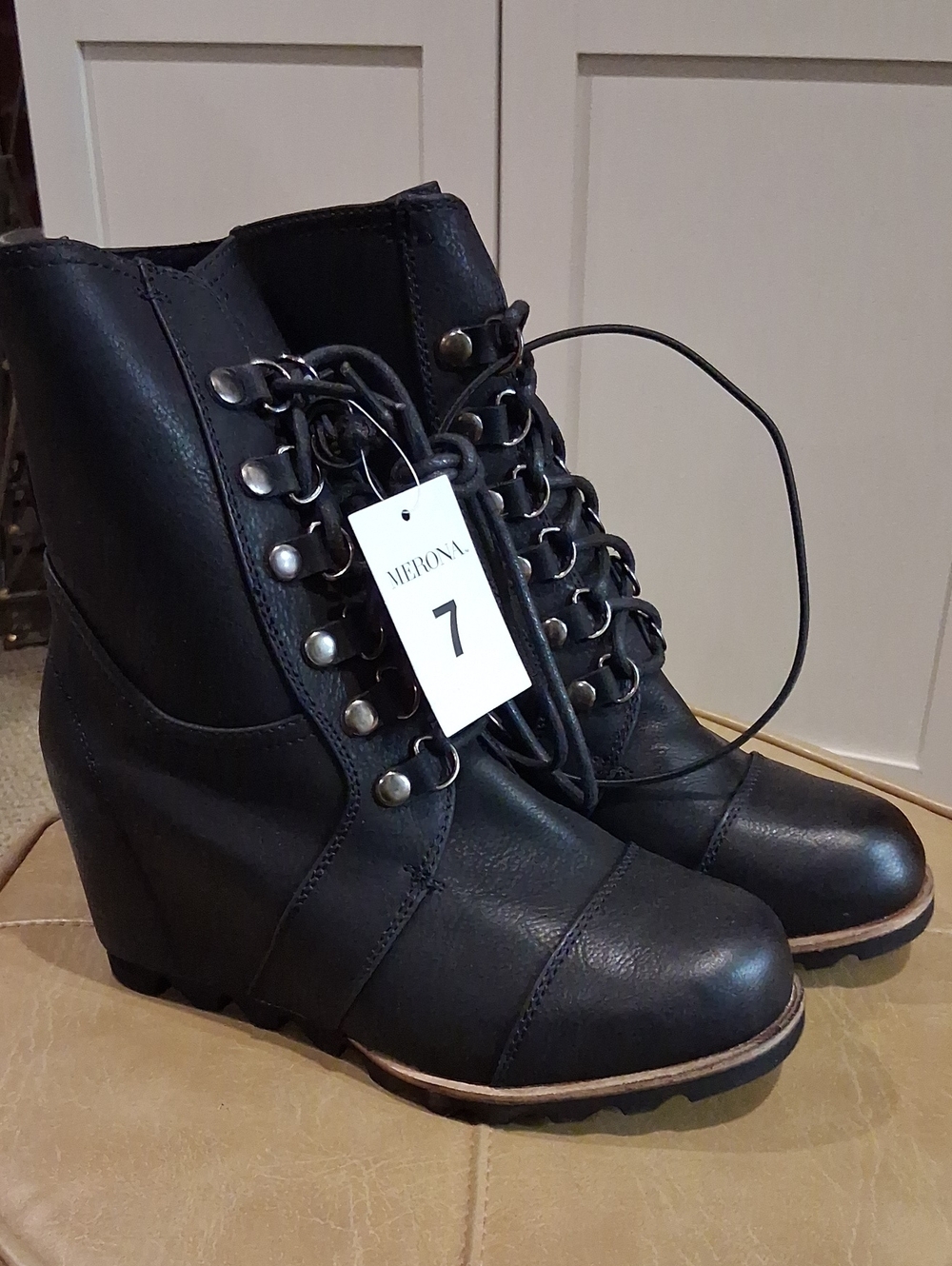 Merona Black Lace-Up Wedge Ankle Boots